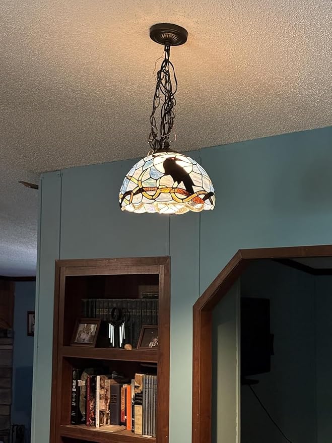 Bieye S10956 Raven Sitting on Bare Tree Tranch Against Full Moon Tiffany Style Stained Glass Lampshade (Dark Blue, 12Wx7.75H)