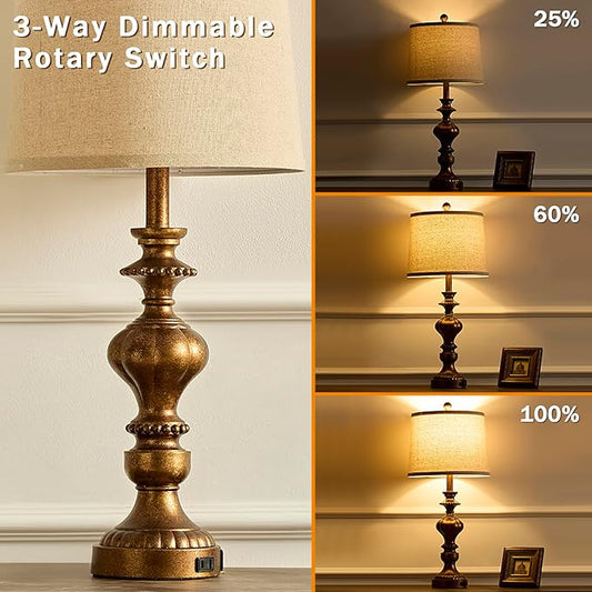 27.5" Farmhouse Table Lamps Set of 2 Bedside Nightstand Lamp with USB C+A Ports & AC Outlet, 3 Way Dimmable Lamps for Bedroom Living Room Office Rustic Lamp (Rotary Switch-Copper)