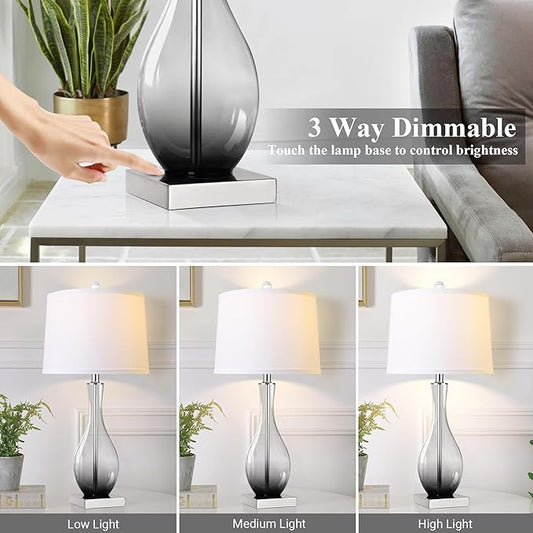 Table Lamps Set of 2 with Touch Control, 3-Way Dimmable Modern Glass table lamp for Living Room with USB C and A Charging Ports, 27" Bedside Desk Lamps for Nightstand Decorations(LED Bulbs Included)