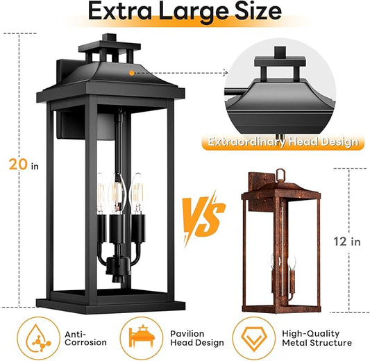 20" Large Outdoor Light Fixtures 3-Light 2 Pack, Black Outside Modern Porch Lights for House, Exterior Wall Sconce Lanterns Wall Mounted Waterproof Outdoor Coach Lamps for Garage E12