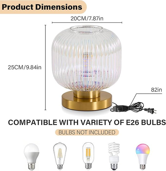Dimmable Small Glass Table Lamp: Mid Century Modern Nightstand Light With Stained Shade - Small Decorative Brass Desk Lamp - Ribbed Glass Bedside Tables Lamps for Bedroom Living Room Bulb Excluded