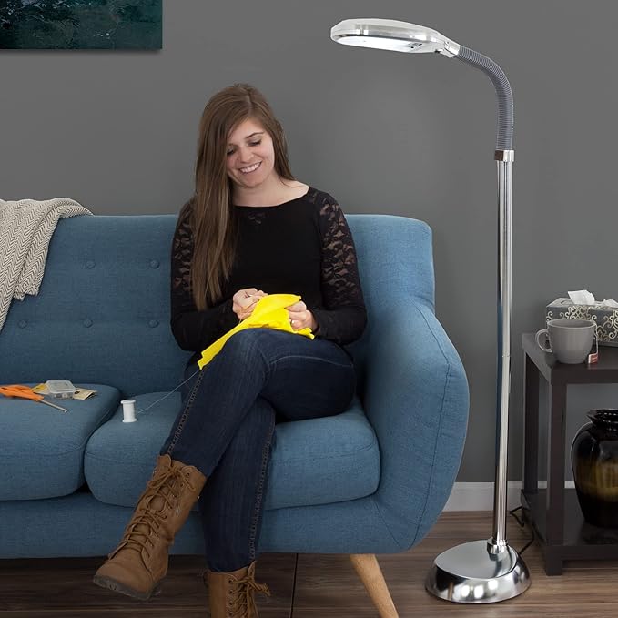 Lavish Home Floor Lamp - Full Spectrum Natural Sunlight Lamp with Bendable Neck - Reading, Craft, Studying, and Esthetician Light (Chrome)