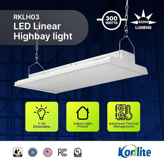 Konlite 4 FT Linear LED Shop Light, 300W, 42,000LM HighBay Light for Industrial & Warehouse Aisle Use, UL & DLC Listed for Workshop, Garage, 5000K Daylight, Dimmable 1-10V