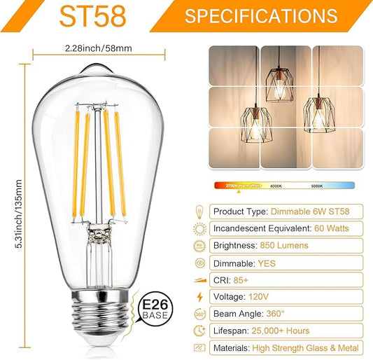 MAXvolador 12-Pack Dimmable Vintage LED Edison Bulb 60W Equivalent, 6W 850Lumens Warm White 2700K ST58 Antique Filament Light Bulbs, E26 Base