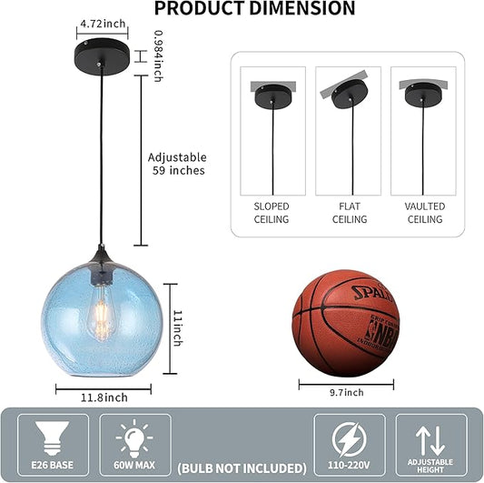Blue Glass Pendant Lights Kitchen Island Lighting Modern Globe Pendant Light Fixtures Modern Pendant Lights for Kitchen Island Bedroom Living Dining Room Light Fixture-11.8in 2Pack