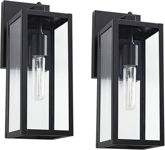 John Timberland Titan Modern Outdoor Wall Light Fixtures Set of 2 Mystic Black Rectangular Box Frame Dusk to Dawn 14" Clear Glass Panels for Post Exterior Barn Deck House Porch Yard Patio