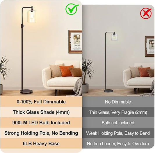 【Upgraded】Dimmable Floor Lamp for Living Room with Glass Lampshade, Brown and Gold Modern Floor Lamp with 900LM LED Bulb Included, Bright Standing Tall Lamp for Bedroom, Office, Reading Room, Corner
