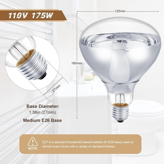 6 Pcs 110V Clear Infrared Heat Bulbs Heat Lamp Bulbs Medium E26 Base, Infrared Flood Light for Bathroom Food Puppies Chickens Brooder Pets(175W)