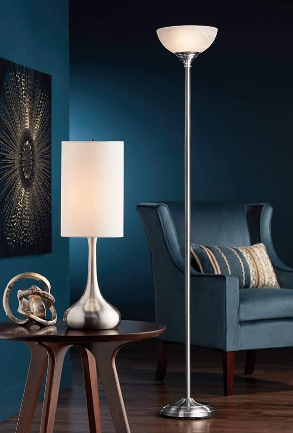 360 Lighting Modern Industrial Droplet-Shaped Table Lamp 24.5" High Brushed Nickel Silver Metal White Fabric Cylinder Shade Decor for Living Room Bedroom House Bedside Nightstand Home