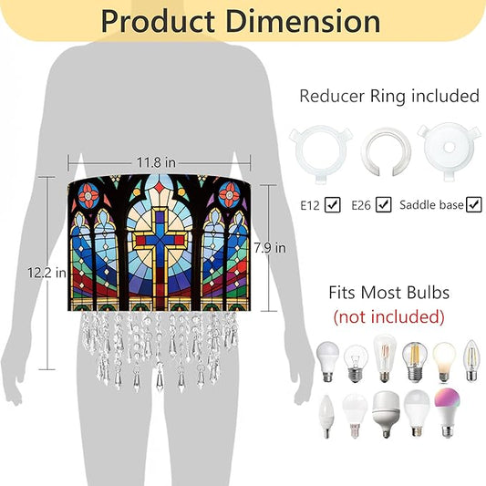 Cross Stained Glass Lamp Shade with Acrylic Bead Droplets, Drum Fabric Light Shade for Ceiling Pendant Table & Floor Lamps, Religious Christian Jesus Prayer Gift, 11.8in