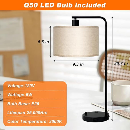 Tall Table Lamp for Bedroom Set of 2 with USB Port and Outlet, Dimmable Nightstand Bedside Lamps with Linen Lampshade, Desk Lamp for Bedroom, Living Room, Guest Room, Home Office, LED Bulb Included