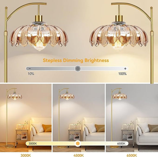 Gold Arc Floor Lamp for Living Room with Remote,Dimmable Modern Floor Lamps with Amber Glass Shade,Unique Vintage Flower Standing Tall Lamp,Mid Century Floor Lamps for Bedroom Office Corner