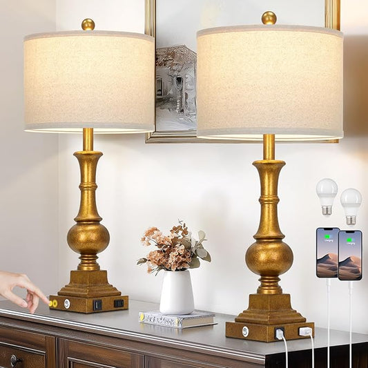 Farmhouse Table Lamps for Living Room, 26" Vintage Table Lamp Set of 2 with USB A+C Charging Ports & AC Outlets, Touch Control 3-Way Dimmable Rustic Bedside Nightstand Lamps for Bedroom Gold Brass