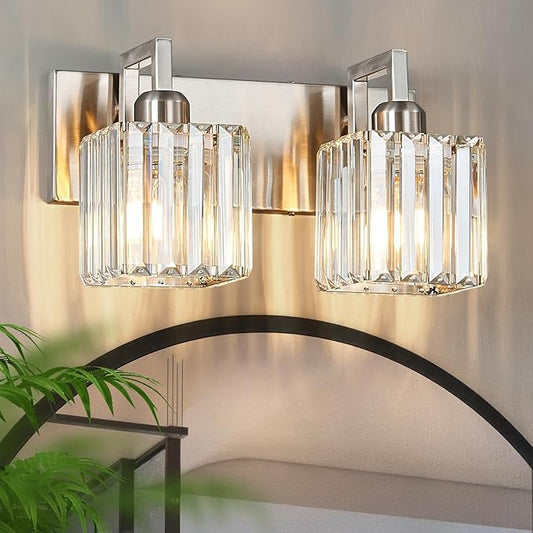 Modern Bathroom Vanity Light 2-Lights Brushed Nickel Vanity Light Crystal Wall Light Bathroom Light Fixtures