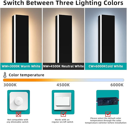 Upgrade Widened 2 Pack LED Outdoor Wall Sconce, 39.3inch Modern Wall Mount Light, 3 Color 3000K/4500K/6000K, 36W, IP65 Waterproof, Outside Lighting Fixture for Courtyard, House, Patio