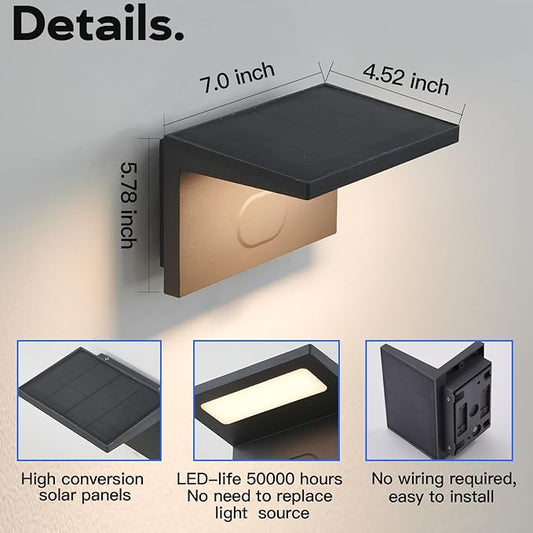 Solar Sconce Lights Outdoor Waterproof, Modern Solar Wall Lights Outdoor, Luxury Aluminum Model, Wireless Porch Patio Wall Light Fixture, Automatic Light On Off, Black