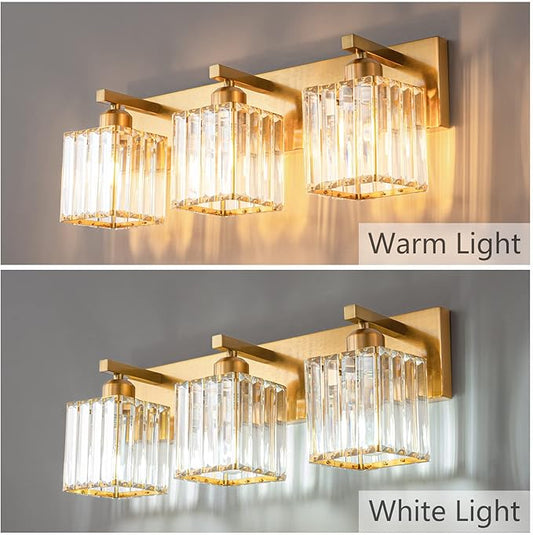 Modern Bathroom Vanity Light 3-Lights Gold Crystal Bathroom Wall Light Vanity Light Fixtures๏ผ20.47-inch Modern Minimalist Design