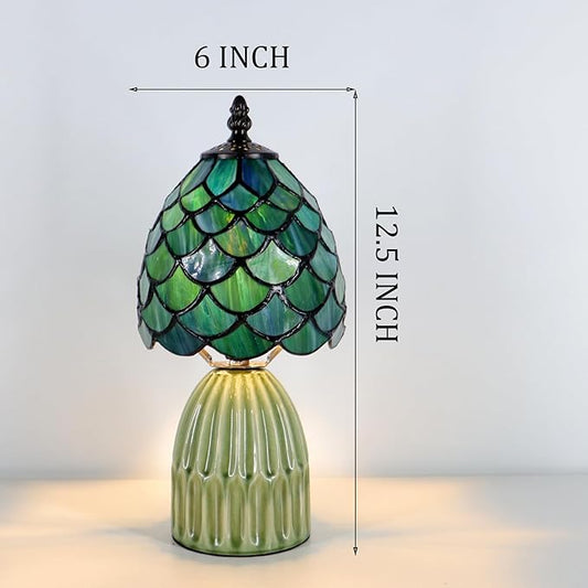 Tiffany Lamp Stained Glass Mushroom Table Lamps 6X6X12.5 Inch Sea Blue Fish Scale Style Small Night Light Ceramic Base Mini Accent Desk Light Suitable for Bedside Table Bedroom Children Room