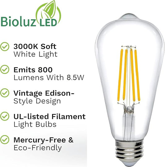 Bioluz Dimmable Edison Light Bulbs - 800 Lumen Soft White 3000K LED Replacement for Incandescent Light Bulbs - 6-Pack Vintage Soft White Light Bulbs for Dimmable Lighting and Soft Lighting