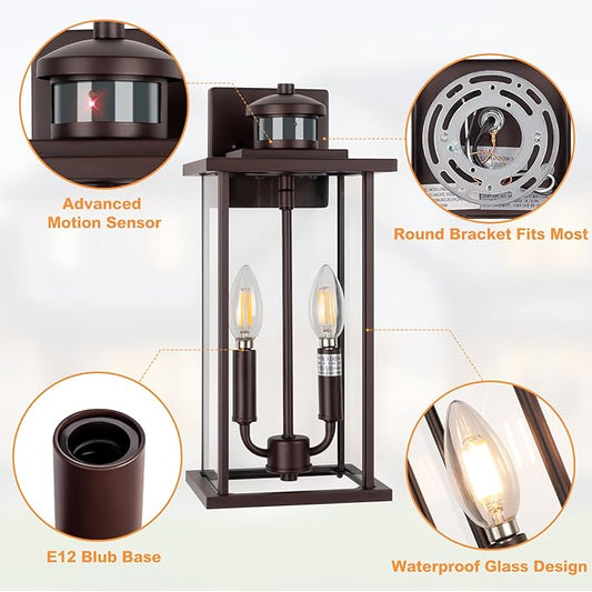 Motion Sensor Outdoor Wall Lights, 16" Waterproof Large Exterior Sconce, Compatible with E12 Base Bulbs, Modern Porch Entryway Lamp for Patio, Front Door Garage (Oil Rubbed Bronze, 2 Pack)