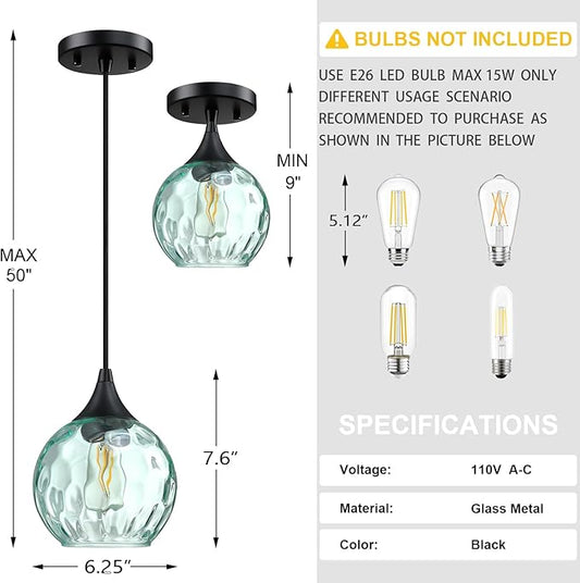 6.3" Hammer Green Glass Pendant Light 3 Pack Pendant Ceiling Light Fixtures Black Finish Modern Farmhouse Dinning Over Sink Adjustable Height Cord