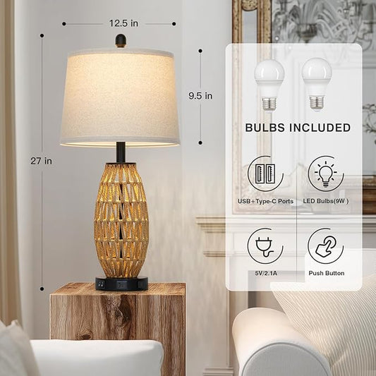 27" Boho Rattan Table Lamp Single, Wicker Bedroom Lamp with Night Light, Woven Coastal Bedside Lamps for Nightstand with USB A+C Charging Port & AC Outlet, Farmhouse Lamps for Living Room