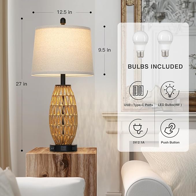27" Rattan Table Lamps Set of 2, Boho Wicker Lamp with Night Light, Bedside Lamps for Bedroom with USB A+C Charging Port & AC Outlet, Farmhouse Coastal Woven Lamp for Nightstand Living Room