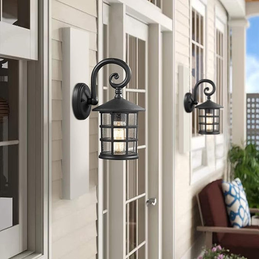 Emliviar Outdoor Wall Lantern Sconce - Industrial Exterior Wall Mount Light Fixture for Garage, Seeded Glass in Black Finish, XE222B BK