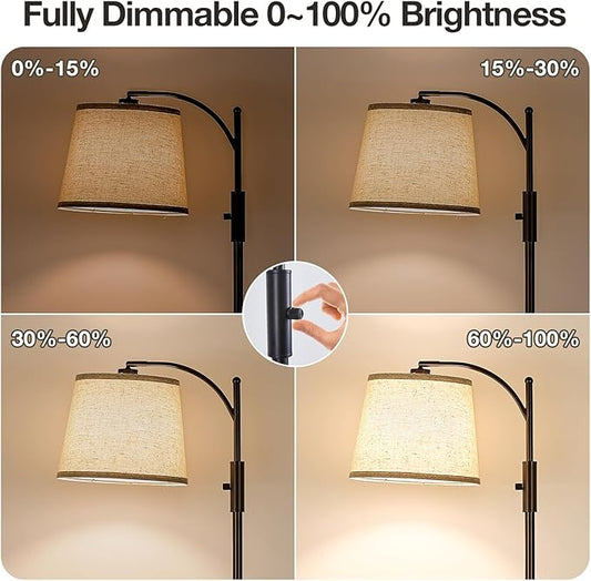 AIDENOEY Fully Dimmable Floor Lamp for Living Room,Standing Lamp Rotary Switch with Table&Linen Beige Shade,Brown Tall Lamps for Bedroom with Adjust Head,9W LED Bulb Included