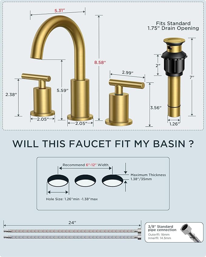 FORIOUS LED Bathroom Faucet Gold, 3 Hole Bathroom Faucet Brushed Gold Widespread with 3 Color Changing Light, Metal Pop Up Drain, CUPC Supply Hose and 360° Swivel Spout, 3 Pieces Wide LED Tap