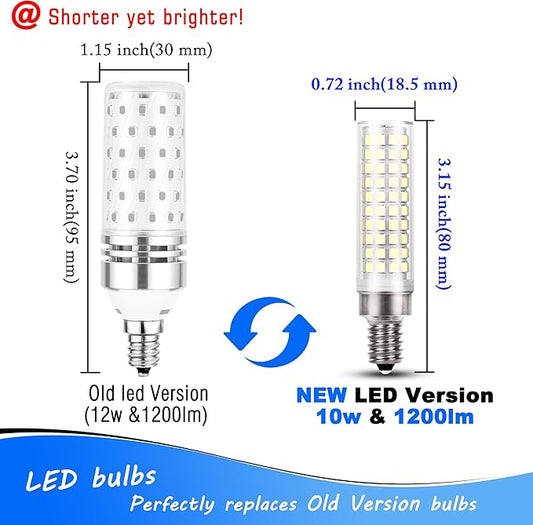 E12 100 Watt Equivalent LED Candelabra Bulbs 10W 6000K Daylight White 1200lm 120 Volt C7 T6 E12 LED Pendant Lights for Chandelier Ceiling Fan Corn Light Bulbs Salt Lamp, Non-dimmable, 4 Pack