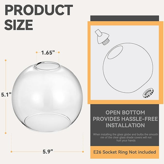 2 Pack Clear Glass Shades Globes, Glass Lamp Shade Covers Replacements for Light Fixtures, 1.65 Inch Fitter Transparent Lampshades for Chandelier Wall Sconces Vanity Lights Pendant Lights