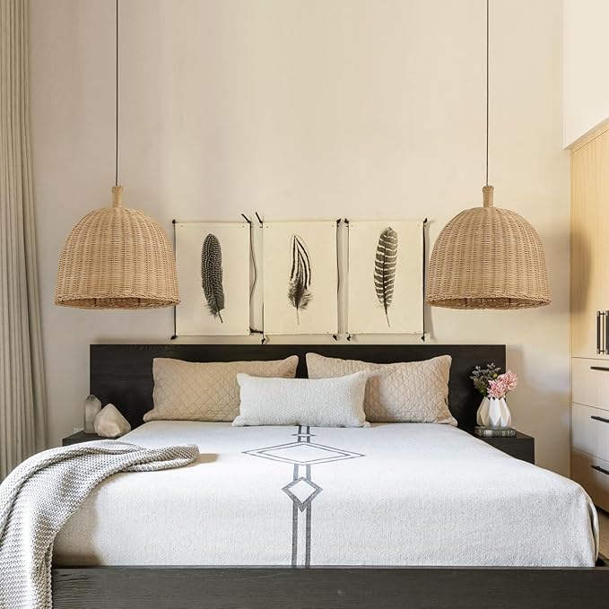 3-Light Rattan Pendant Light,13.77" Rustic Oval Hanging Light,Wicker Pendant Light Hand-Woven Rattan Chandelier for Public Place Dining Living Bedroom Kitchen Farmhouse