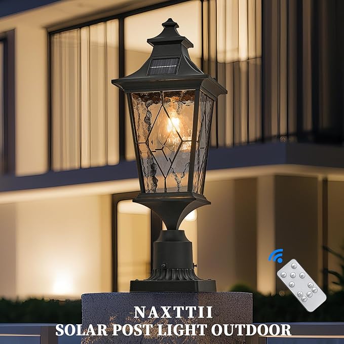 Solar Lamp Post Light Aluminum 20.7 Inch Height Large Size Solar Pole Lights with Water Ripple Handmade Solder Glass Waterproof Black Finish Include Remote Control and LED Bulb