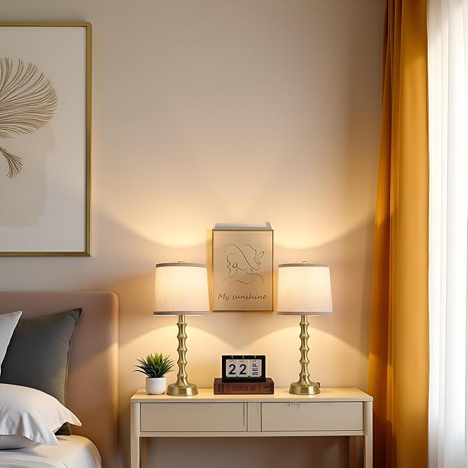 24" Gold Table Lamps Set of 2 with White Shade, Modern Small Bedroom & Nightstand Lights for Living Room & End Table