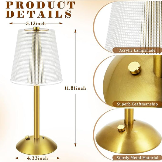 Liliful 2 Pcs Cordless Table Lamp Rechargeable Touch LED Small Gold Portable Battery Operated USB-c Desk Lamp 3 Color Dimmable for Bedroom Living Room Dining (Gold,Retro Style)