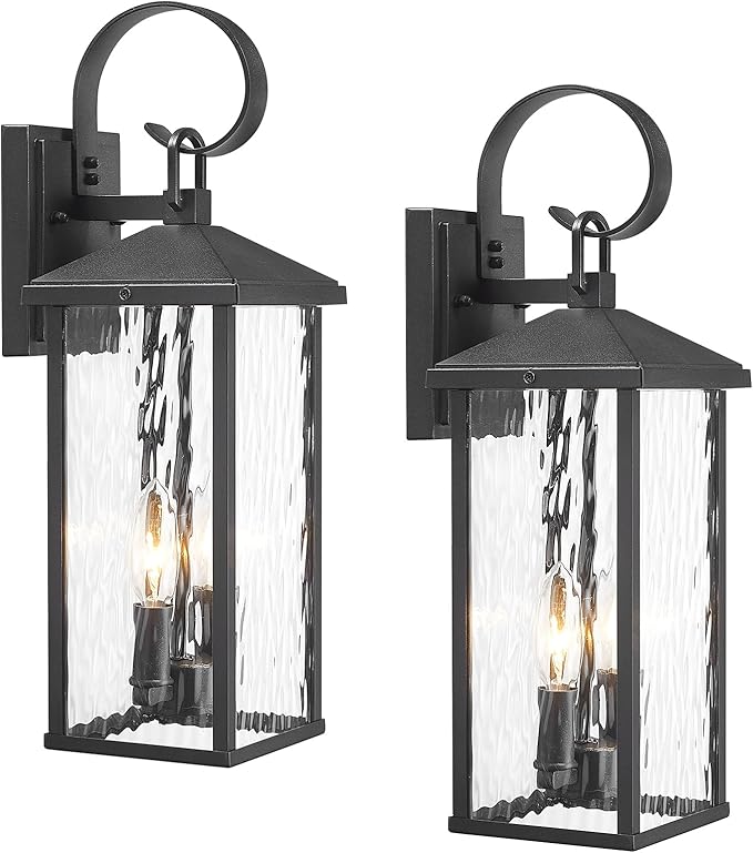 Porch Lights Outdoor Wall Light Fixtures Wall Mount, Modern Exterior Lighting Fixtures with Water Ripple Glass Waterproof, 2-Light E12 Sockets Outside Garage Lights for House Patio, 2 Pack