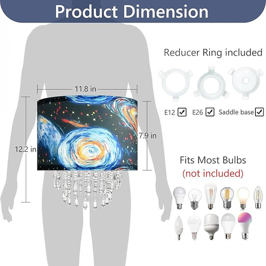 Space Planet Galaxy Lamp Shade with Acrylic Bead Droplets, Universe Drum Fabric Light Shade for Ceiling Pendant Table & Floor Lamp, Kid Boy Teen Room Decor, 11.8in