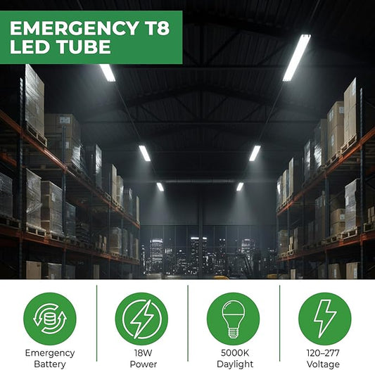 E2 Lighting 4ft T8 LED Bulbs, LED Fluorescent Tube Replacement 4ft, T8 LED with Emergency Battery, 5000K, 18W, 120-277V, Ideal for Office and Warehouse-5 Pack
