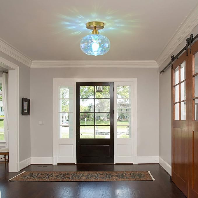 Vintage Glass Flush Mount Ceiling Light - 7.9 Inch Iridescent Hammered Glass Hallway Light fixtures Ceiling, Gold Semi Flush Mount Ceiling Light for entryway Foyer Laundry Room Kitchen