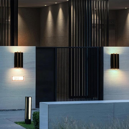 Upgraded Modern Outdoor Wall Light Fixture, 10.8" Up and Down Outdoor Sconce Lights 15W 3CCT 3000K/4000K/5000K, IP54 Waterproof Exterior Wall Sconce, Black Metal Frame with Brass Accents
