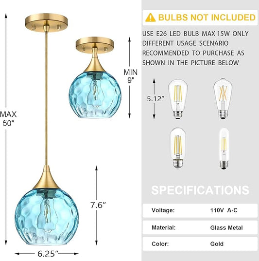6.3" Blue Texture Glass Pendant Light 3 Pack Pendant Ceiling Light Fixture Gold Finish Modern Farmhouse Dinning Over Sink Adjustable Height Cord