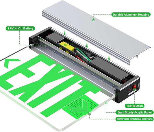 Green LED Edge Lit Exit Sign Brushed Aluminum Housing, UL Listed Emergency Exit Signs Single Sided Clear Acrylic with Battery Backup, AC 120-347V Hardwired Exit Lights, Top/Side/Wall Mount (2 Pack)