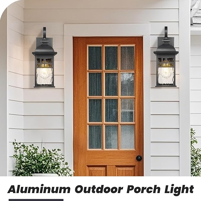 Outdoor Wall Lights Exterior Black Outdoor Light Fixtures Wall Mount with Water Ripple Glass Waterproof Anti-Rust Outside Wall Sconce Porch Lights for House Garage Doorway