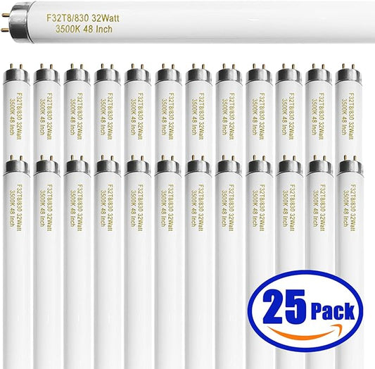 amgolibi F32T8/830 T8 32 Watt Fluorescent Tube 48 Inch 3000K Warm White, 4 Foot Fluorescent Light Bulb, 2950 Lumen, F32T8/TL935/ALTO, G13 Medium Bi-Pin Base, 25 Pack