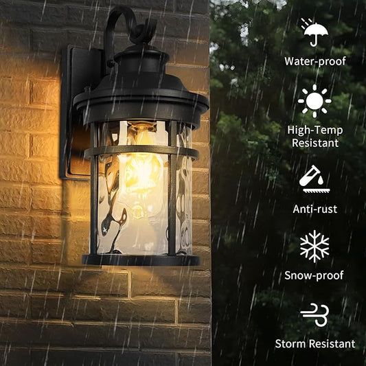 Treekee Outdoor Light Fixture Wall Mount, Modern Exterior Wall Sconce with Water Ripple Glass & E26 Sockets for Front Porch, Farmhouse Rustic Black Wall Lantern Lamp for Patio Garage Home Yard