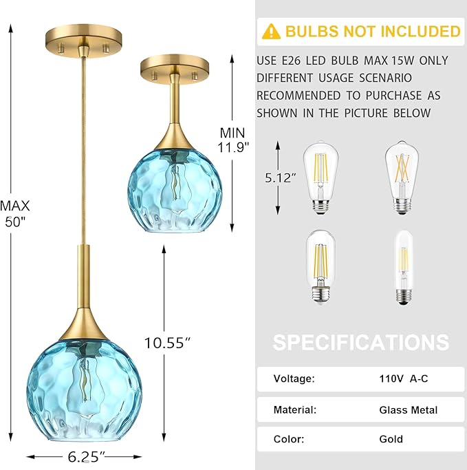 6.3" Blue Texture Glass Rod Pendant Light 3 Pack Pendant Ceiling Light Fixture Gold Finish Modern Farmhouse Dinning Over Sink Adjustable Height Cord