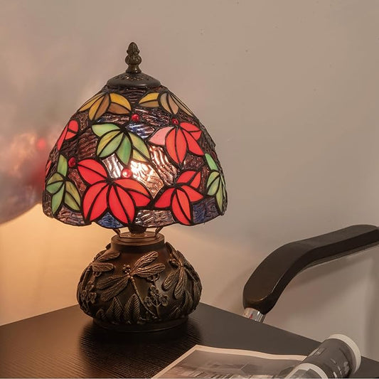 Tiffany Stained Glass Mushroom Table Lamp 8" Purple Blue Red Maple Leaf Floral Shade Nightstand Light for Bedroom Dorm Living Coffee Office Housewarming Gift (Purple Blue Maple Leaf)