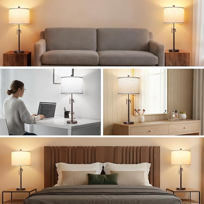 Table Lamps for Bedrooms Set of 2, 22" to 30" Height Adjustable Nightstand Lamps with Linen Shade, Pull Chain Switch Lamps for Living Room, 3 Way Dimmable Beside Lamp