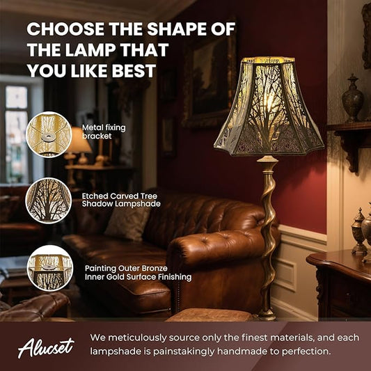 ALUCSET Metal Lamp Shade, Octagonal Cut Corner Lampshade 6.2×13×10.8" Large Antique Bronze Lampshades Replacement for Table Lamps and Floor Lamp, Modern Etching Progress with Forest Pattern